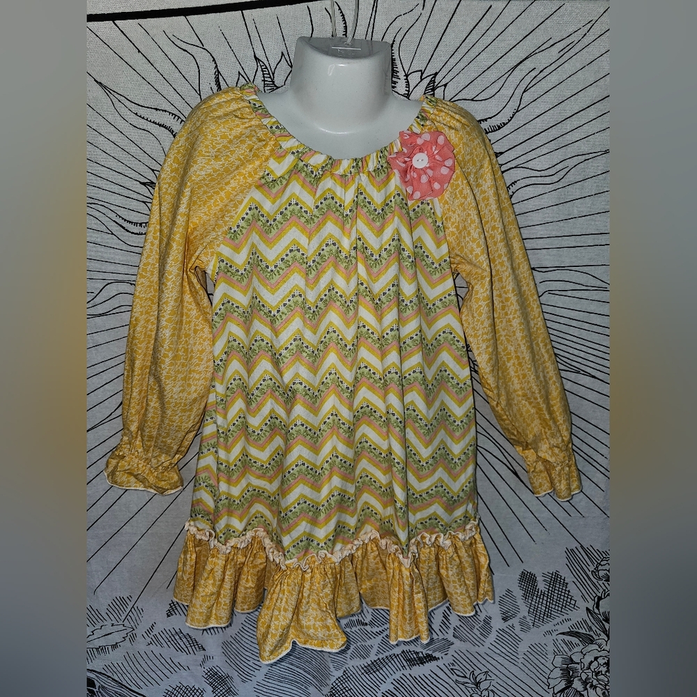 EUC Peaches 'N Cream Yellow Zigzag Chevron Patterned Kids Cotton Dress Sz 7